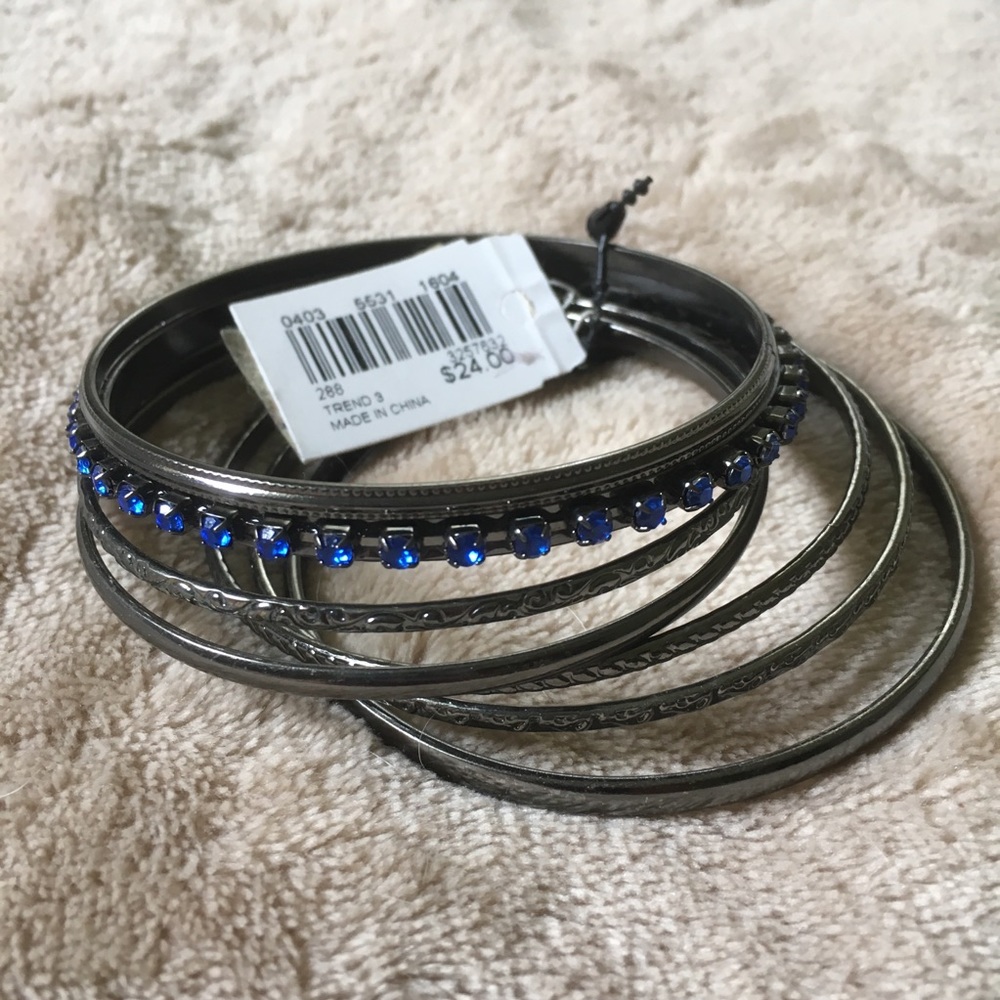 Dark metal and blue stone bangle bracelet set